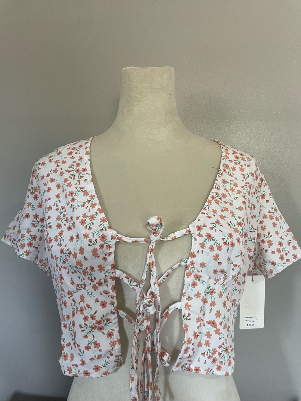 NWT White Floral Tie-Front Top with Pink Flowers Green Accents Summer Top